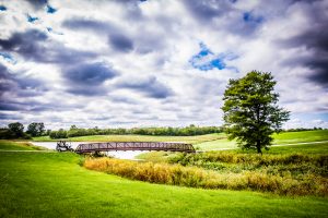 golf cart crosses bridge